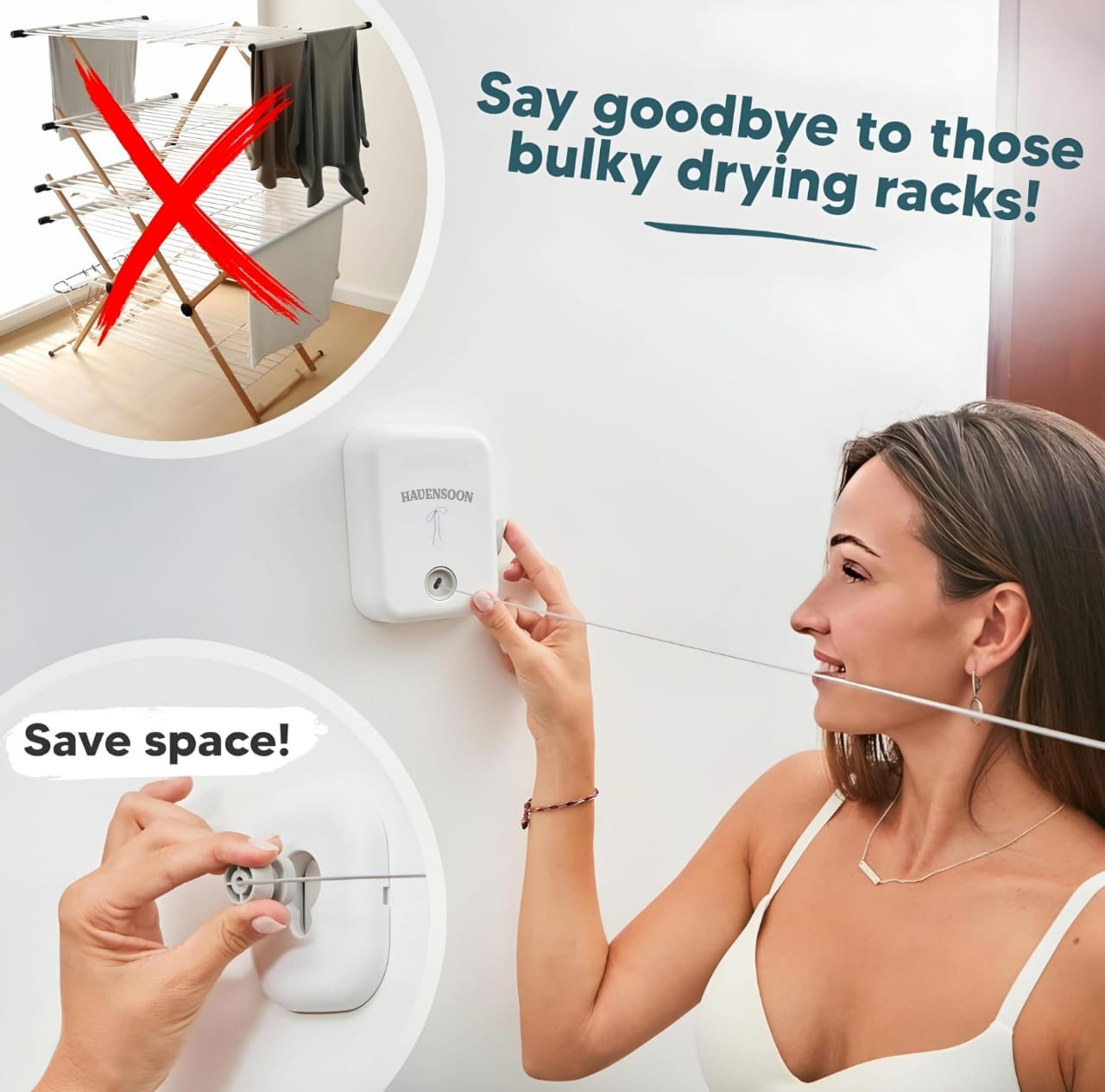 Havensoon Line Max - Retractable Ropeline Indoor Outdoor Clothes Line - Wall Mounted Drying Rack - Max Tighten with Havensoon Grip