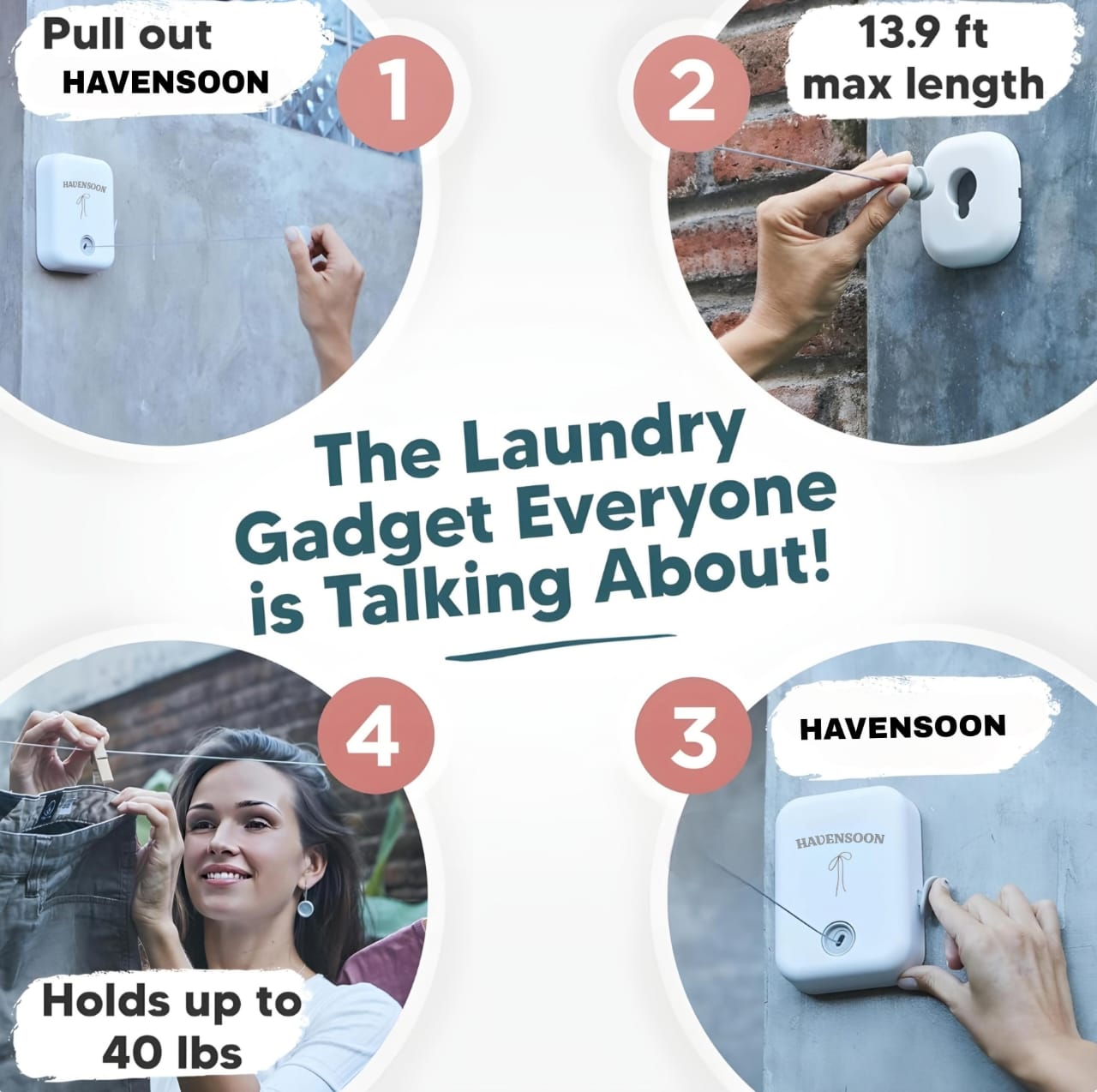 Havensoon Line Max - Retractable Ropeline Indoor Outdoor Clothes Line - Wall Mounted Drying Rack - Max Tighten with Havensoon Grip