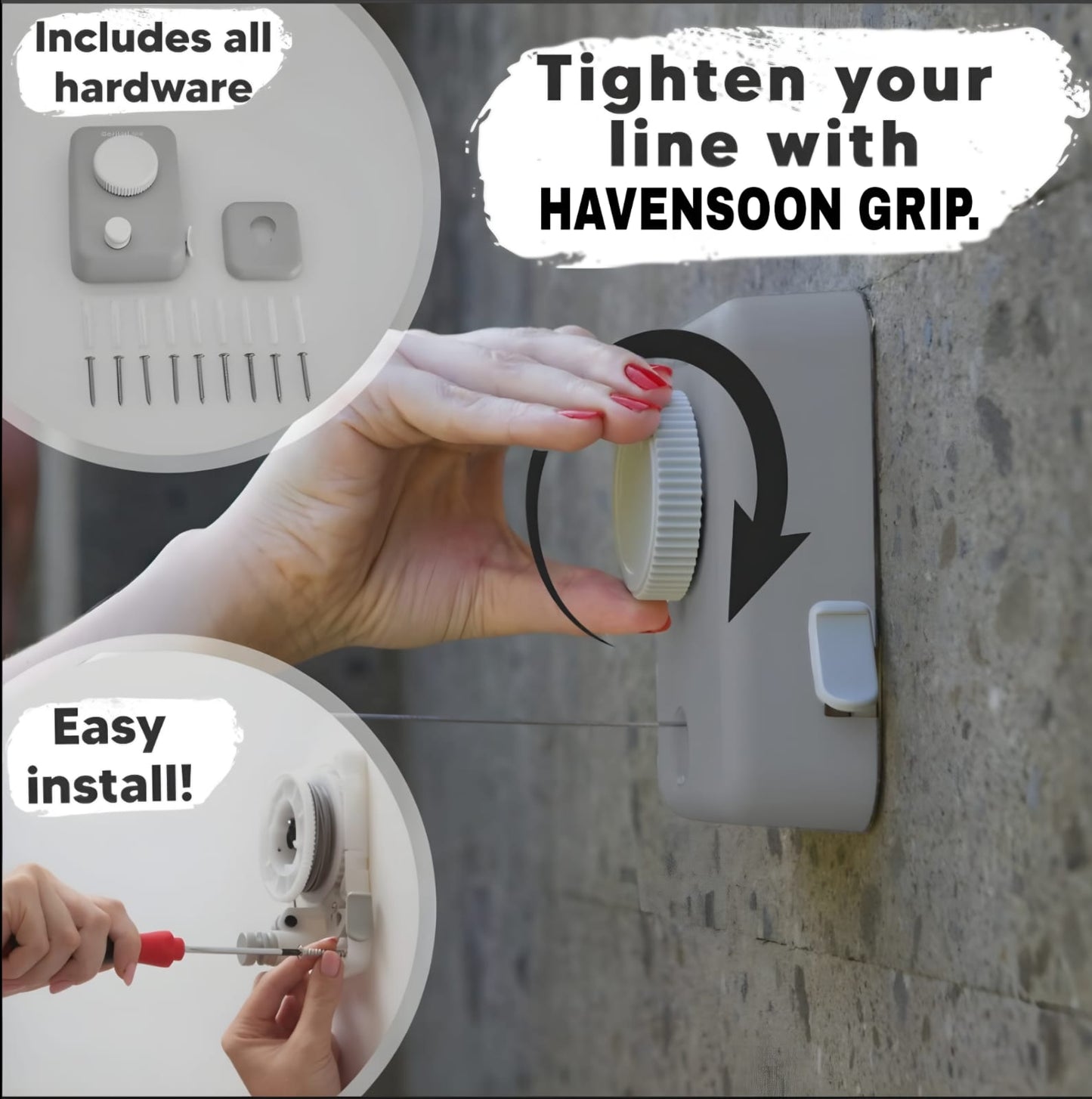 Havensoon Line Max - Retractable Ropeline Indoor Outdoor Clothes Line - Wall Mounted Drying Rack - Max Tighten with Havensoon Grip