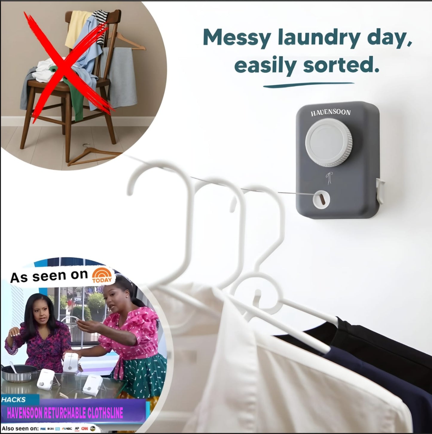 Havensoon Line Max - Retractable Ropeline Indoor Outdoor Clothes Line - Wall Mounted Drying Rack - Max Tighten with Havensoon Grip